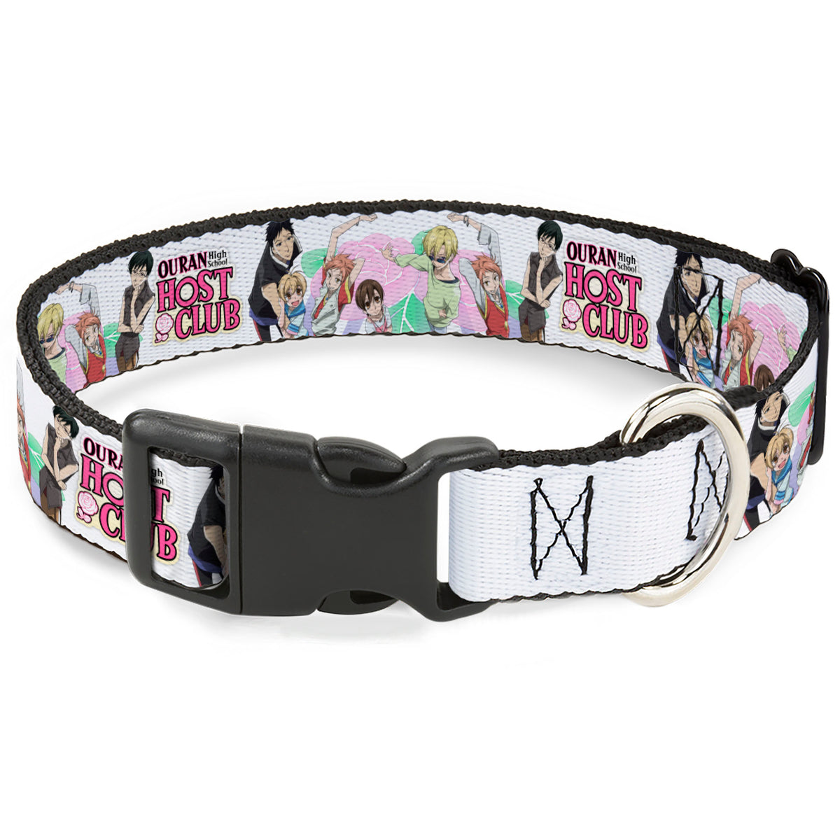 Plastic Clip Collar - OURAN HIGH SCHOOL Seven Character Group Pose and Title Logo White Dog Collars Plastic Clip Side Release Ouran High School Host Club