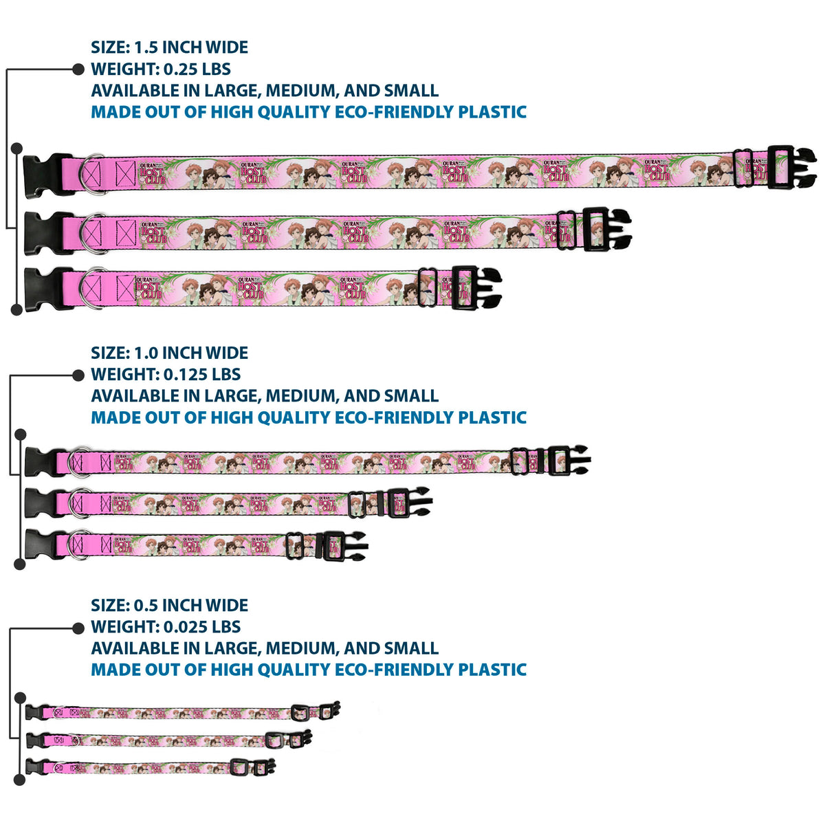 Plastic Clip Collar - OURAN HIGH SCHOOL HOST CLUB Haruhi and Hitachiin Twins Lilies Pose and Title Logo Pinks Dog Collars Plastic Clip Side Release Ouran High School Host Club