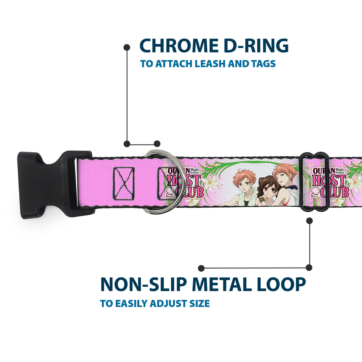 Plastic Clip Collar - OURAN HIGH SCHOOL HOST CLUB Haruhi and Hitachiin Twins Lilies Pose and Title Logo Pinks Dog Collars Plastic Clip Side Release Ouran High School Host Club