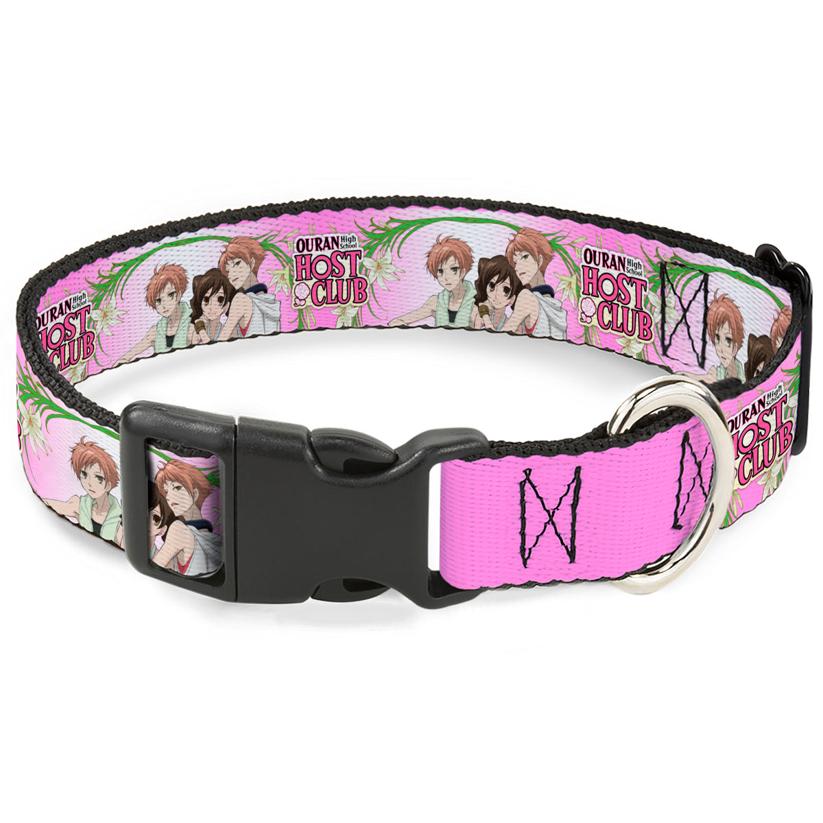 Plastic Clip Collar - OURAN HIGH SCHOOL HOST CLUB Haruhi and Hitachiin Twins Lilies Pose and Title Logo Pinks Dog Collars Plastic Clip Side Release Ouran High School Host Club