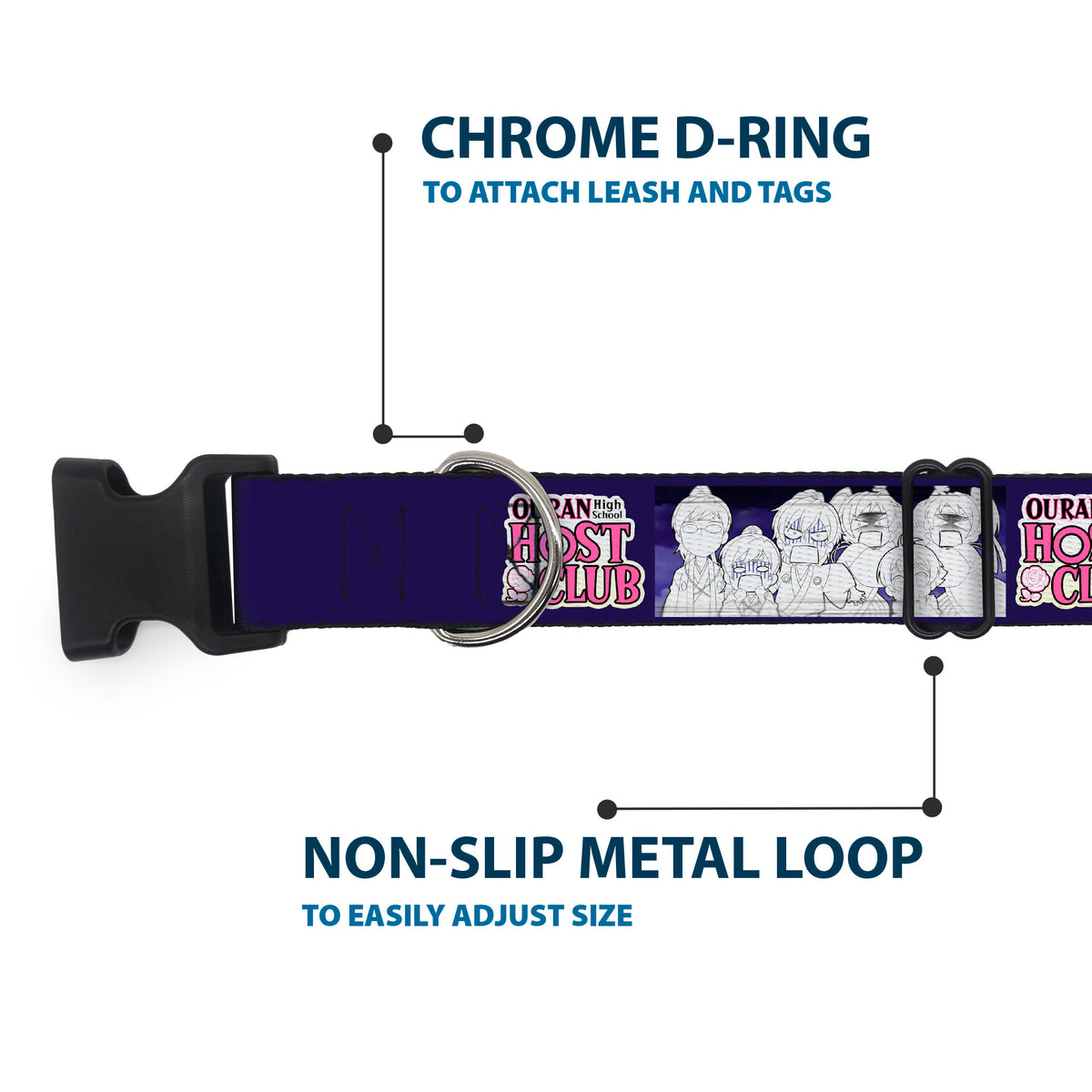 Plastic Clip Collar - OURAN HIGH SCHOOL HOST CLUB Character Doodle and Title Logo Violet Dog Collars Plastic Clip Side Release Ouran High School Host Club