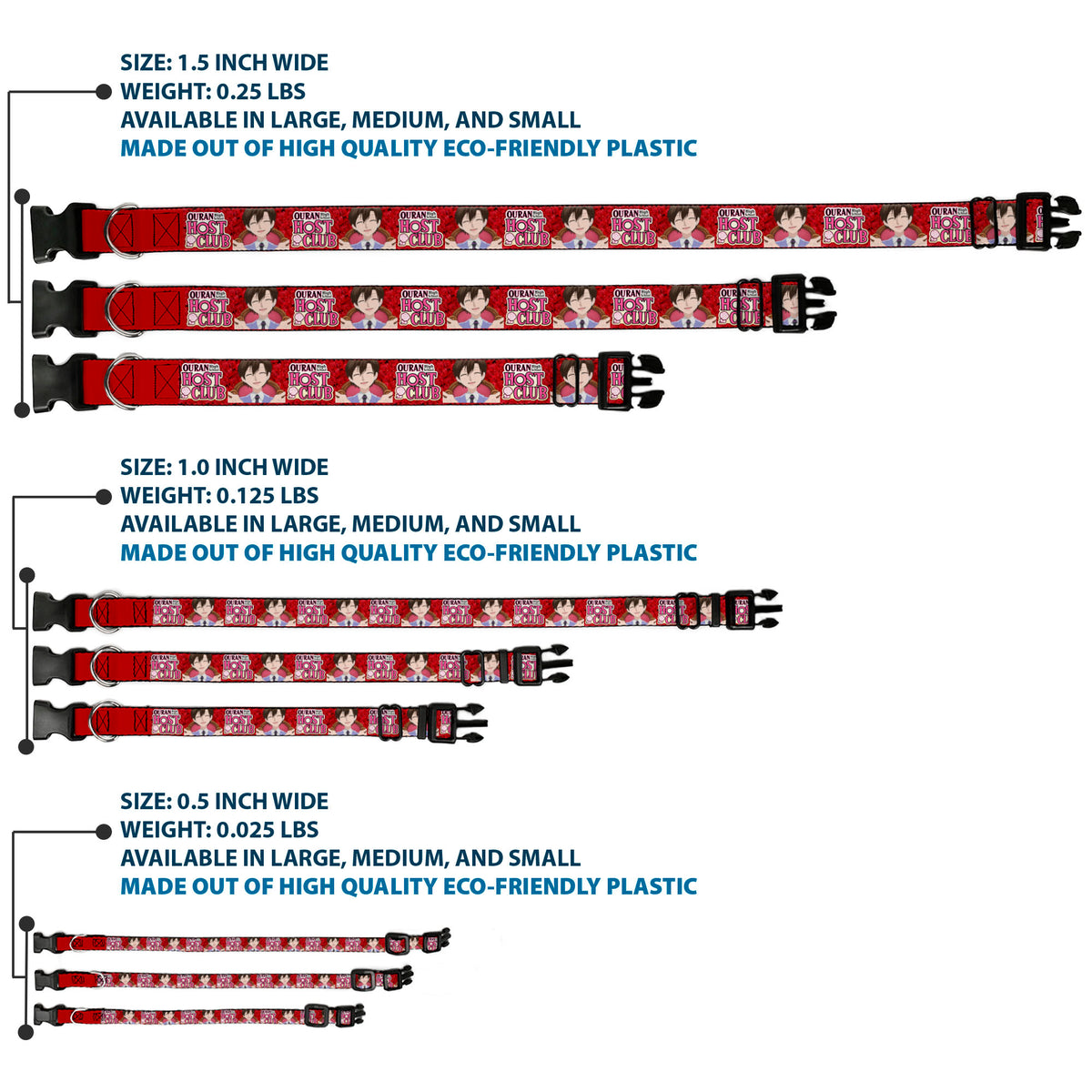 Plastic Clip Collar - OURAN HIGH SCHOOL HOST CLUB Haruhi Smiling Pose with Roses and Title Logo Reds Dog Collars Plastic Clip Side Release Ouran High School Host Club