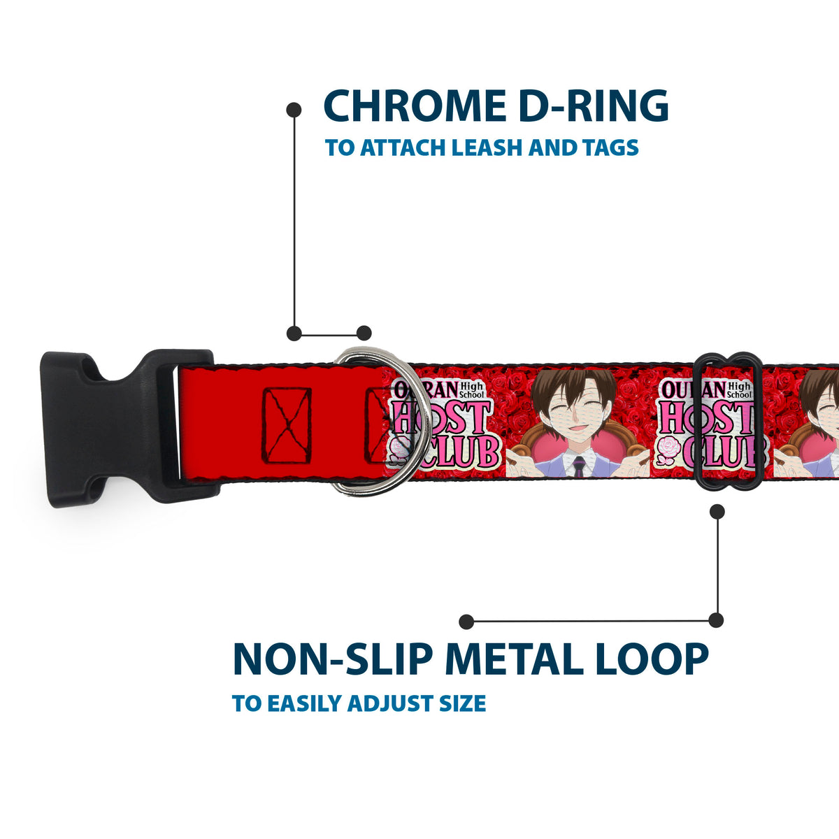 Plastic Clip Collar - OURAN HIGH SCHOOL HOST CLUB Haruhi Smiling Pose with Roses and Title Logo Reds Dog Collars Plastic Clip Side Release Ouran High School Host Club