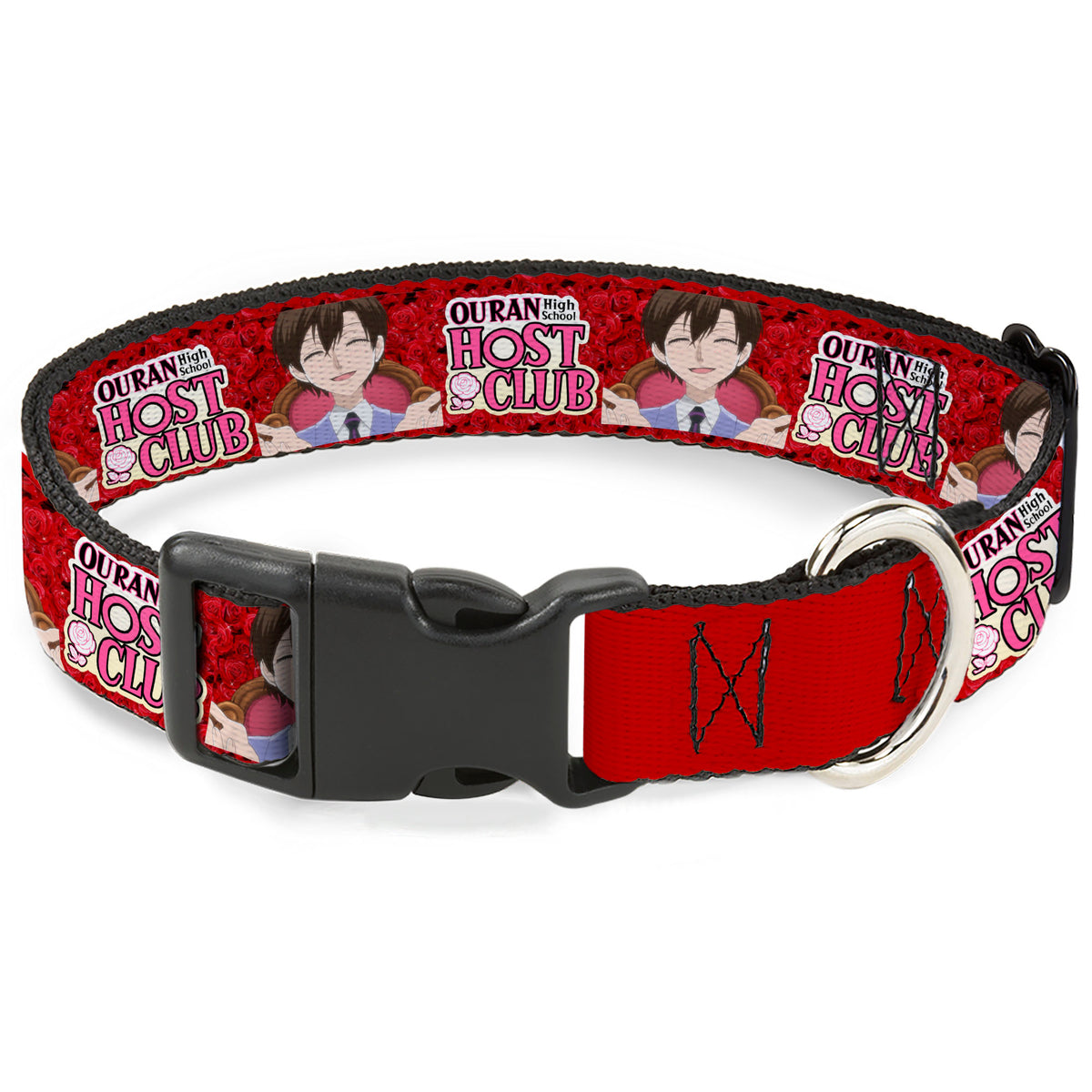Plastic Clip Collar - OURAN HIGH SCHOOL HOST CLUB Haruhi Smiling Pose with Roses and Title Logo Reds Dog Collars Plastic Clip Side Release Ouran High School Host Club