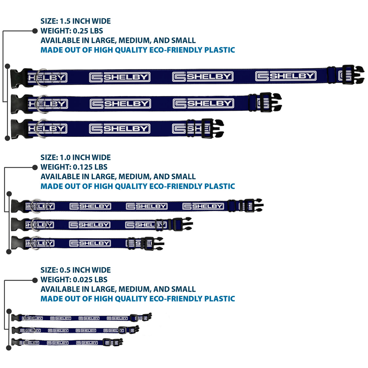 Plastic Clip Collar - Carroll Shelby CS SHELBY Racing Logo Block Navy/White Dog Collars Plastic Clip Side Release Shelby
