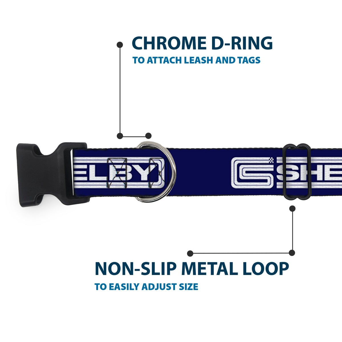 Plastic Clip Collar - Carroll Shelby CS SHELBY Racing Logo Block Navy/White Dog Collars Plastic Clip Side Release Shelby