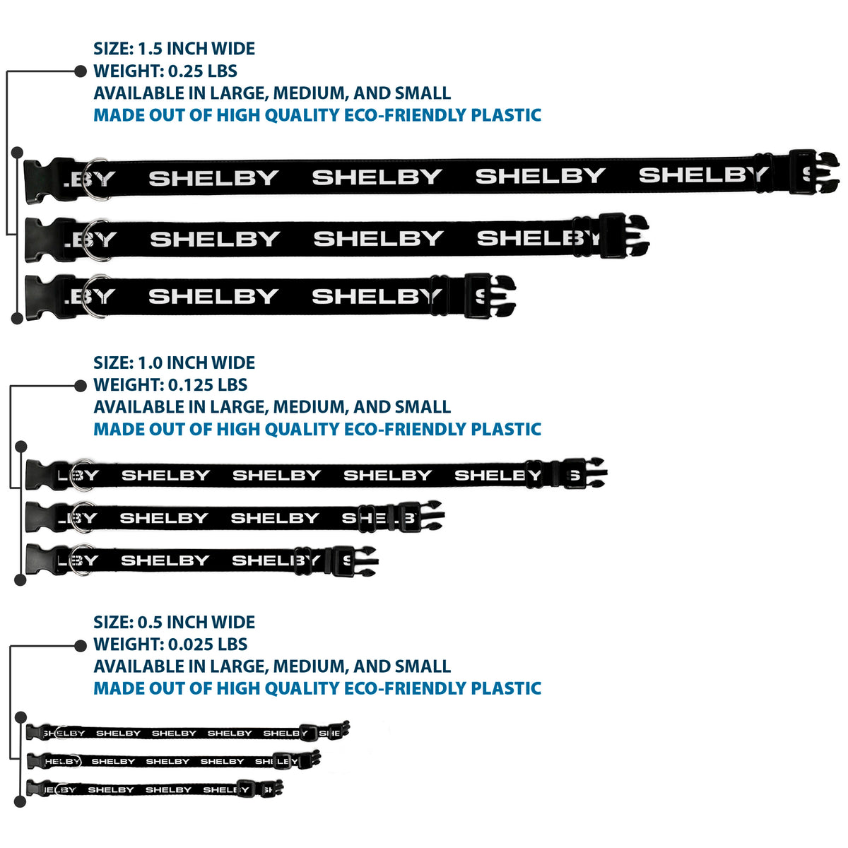 Plastic Clip Collar - SHELBY Text Only Black/White Dog Collars Plastic Clip Side Release Shelby