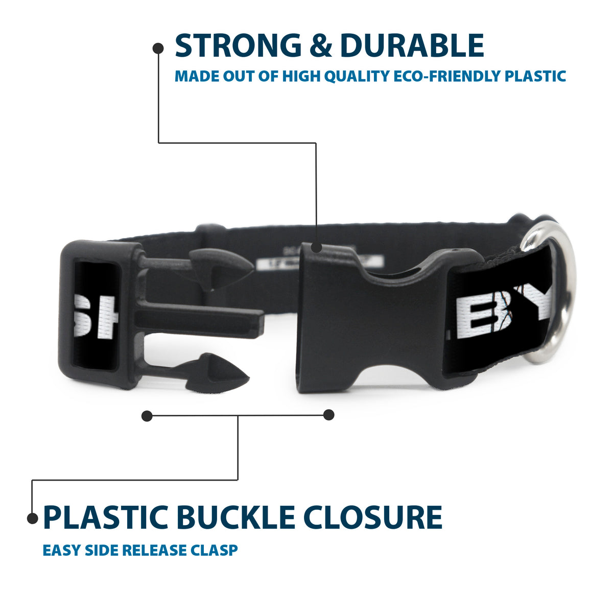 Plastic Clip Collar - SHELBY Text Only Black/White Dog Collars Plastic Clip Side Release Shelby