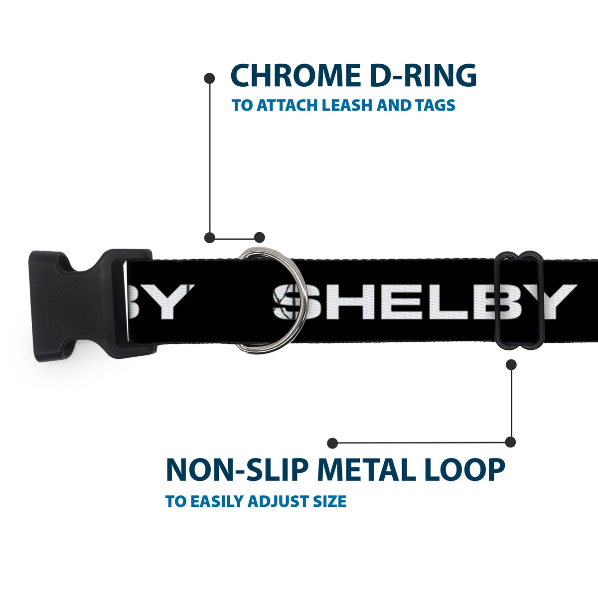 Plastic Clip Collar - SHELBY Text Only Black/White Dog Collars Plastic Clip Side Release Shelby