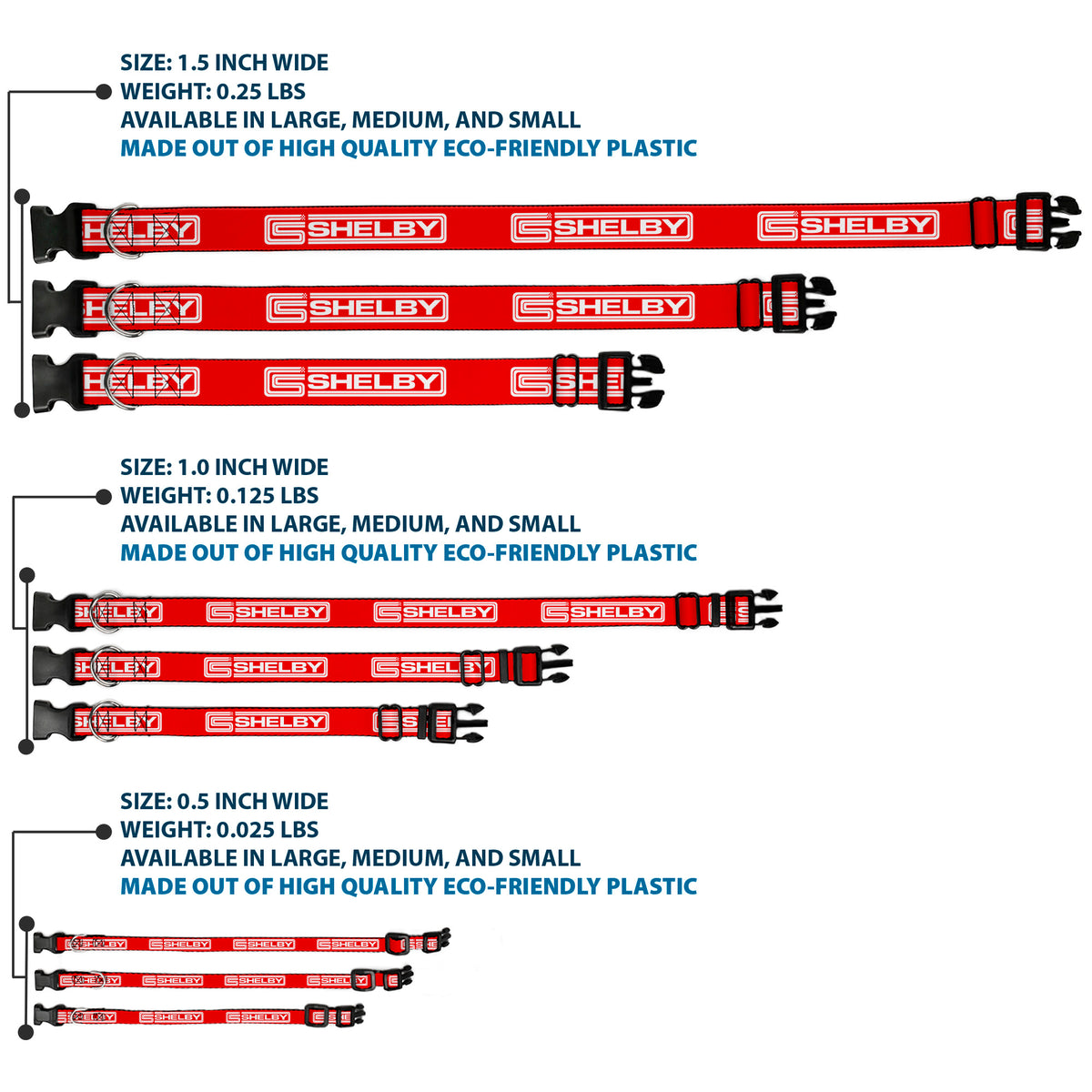 Plastic Clip Collar - Carroll Shelby CS SHELBY Racing Logo Block Red/White Dog Collars Plastic Clip Side Release Shelby