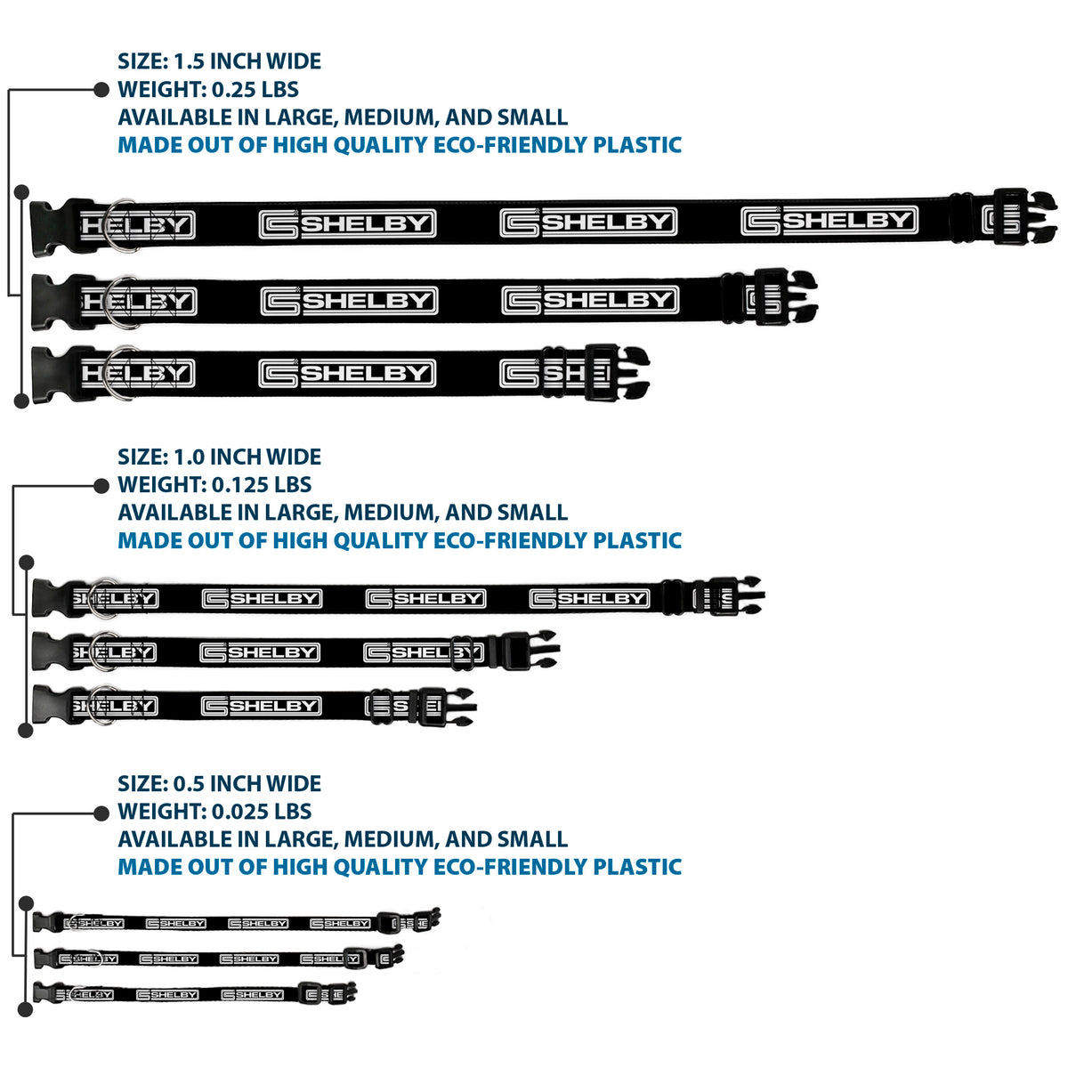 Plastic Clip Collar - Carroll Shelby CS SHELBY Racing Logo Block Black/White Dog Collars Plastic Clip Side Release Shelby