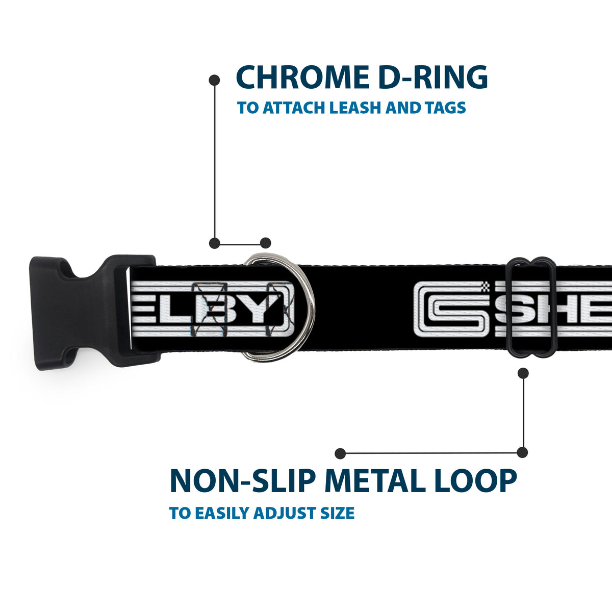 Plastic Clip Collar - Carroll Shelby CS SHELBY Racing Logo Block Black/White Dog Collars Plastic Clip Side Release Shelby
