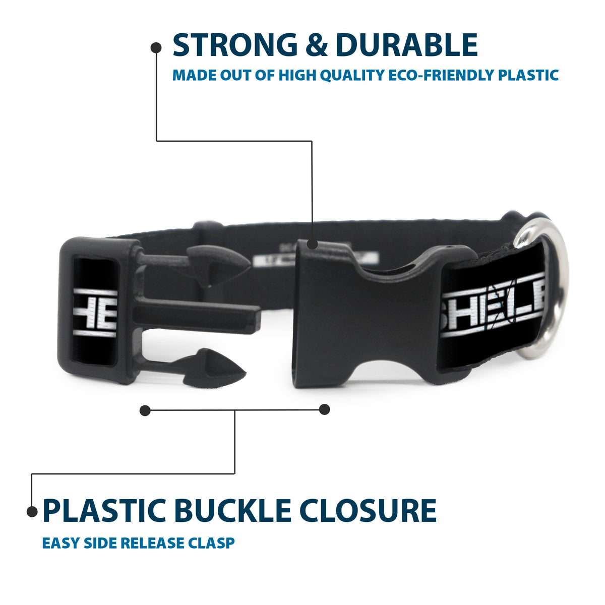 Plastic Clip Collar - SHELBY Box Logo and Super Snake Cobra Black/White Dog Collars Plastic Clip Side Release Shelby