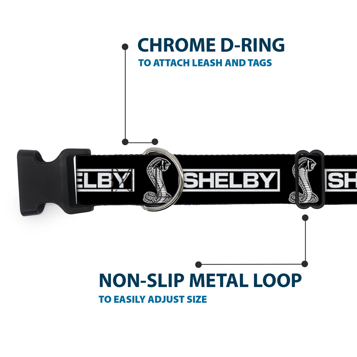 Plastic Clip Collar - SHELBY Box Logo and Super Snake Cobra Black/White Dog Collars Plastic Clip Side Release Shelby