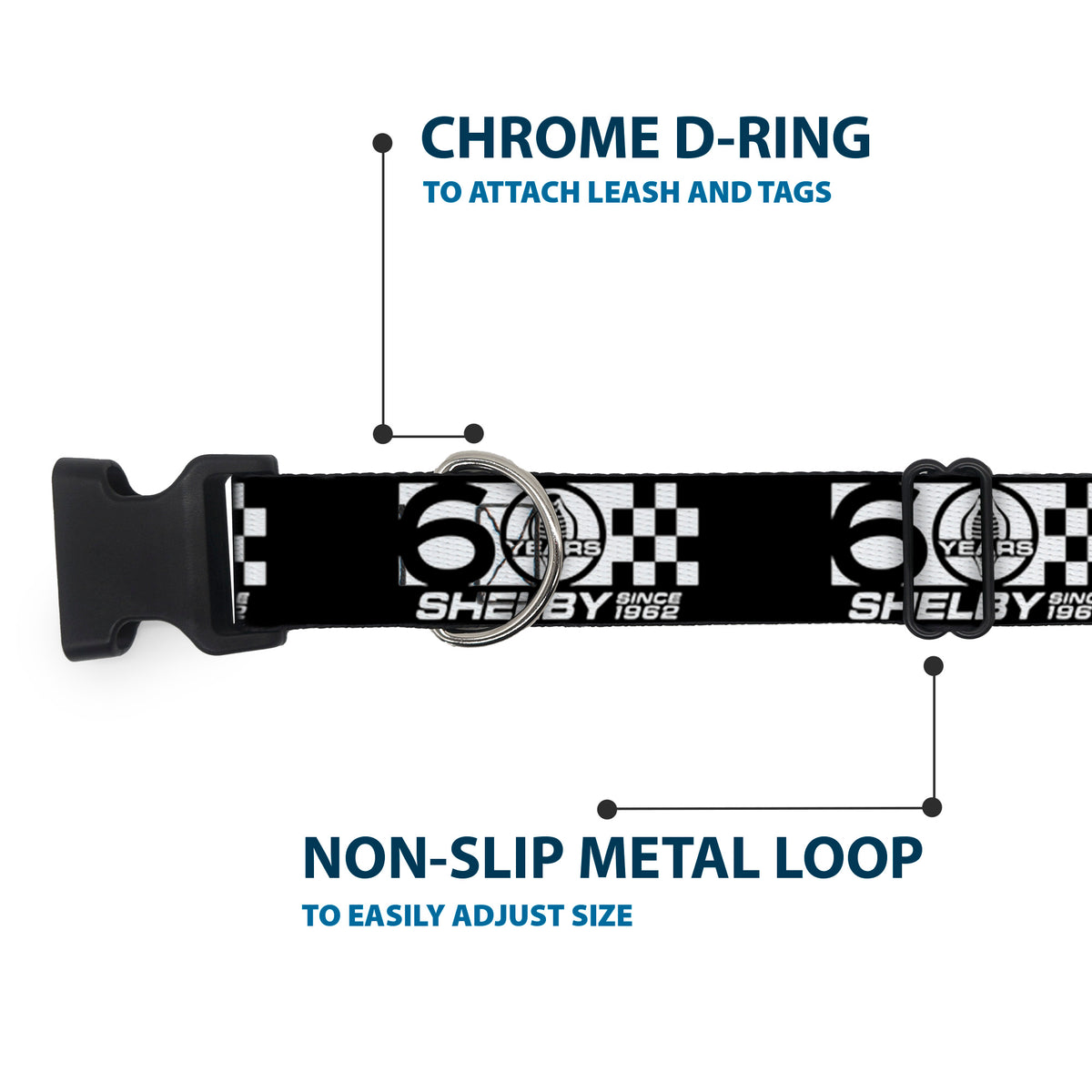 Plastic Clip Collar - SHELBY 60 YEARS SINCE 1962 Checker Black/White Dog Collars Plastic Clip Side Release Shelby