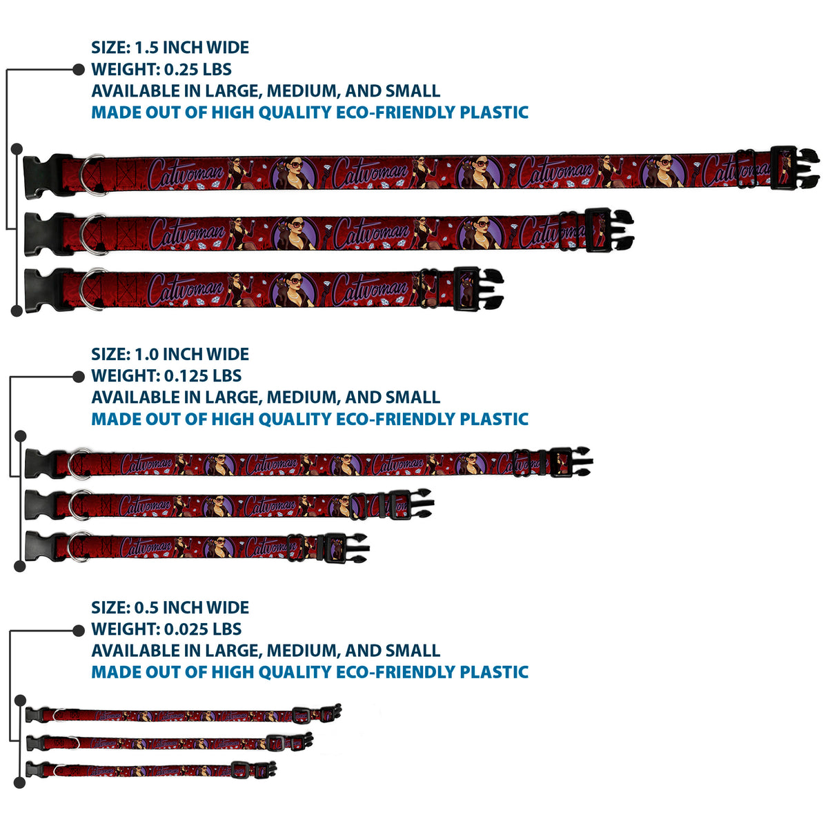 Plastic Clip Collar - CATWOMAN Bombshell Pose/Diamonds Red/Purple/Black Dog Collars Plastic Clip Side Release DC Comics