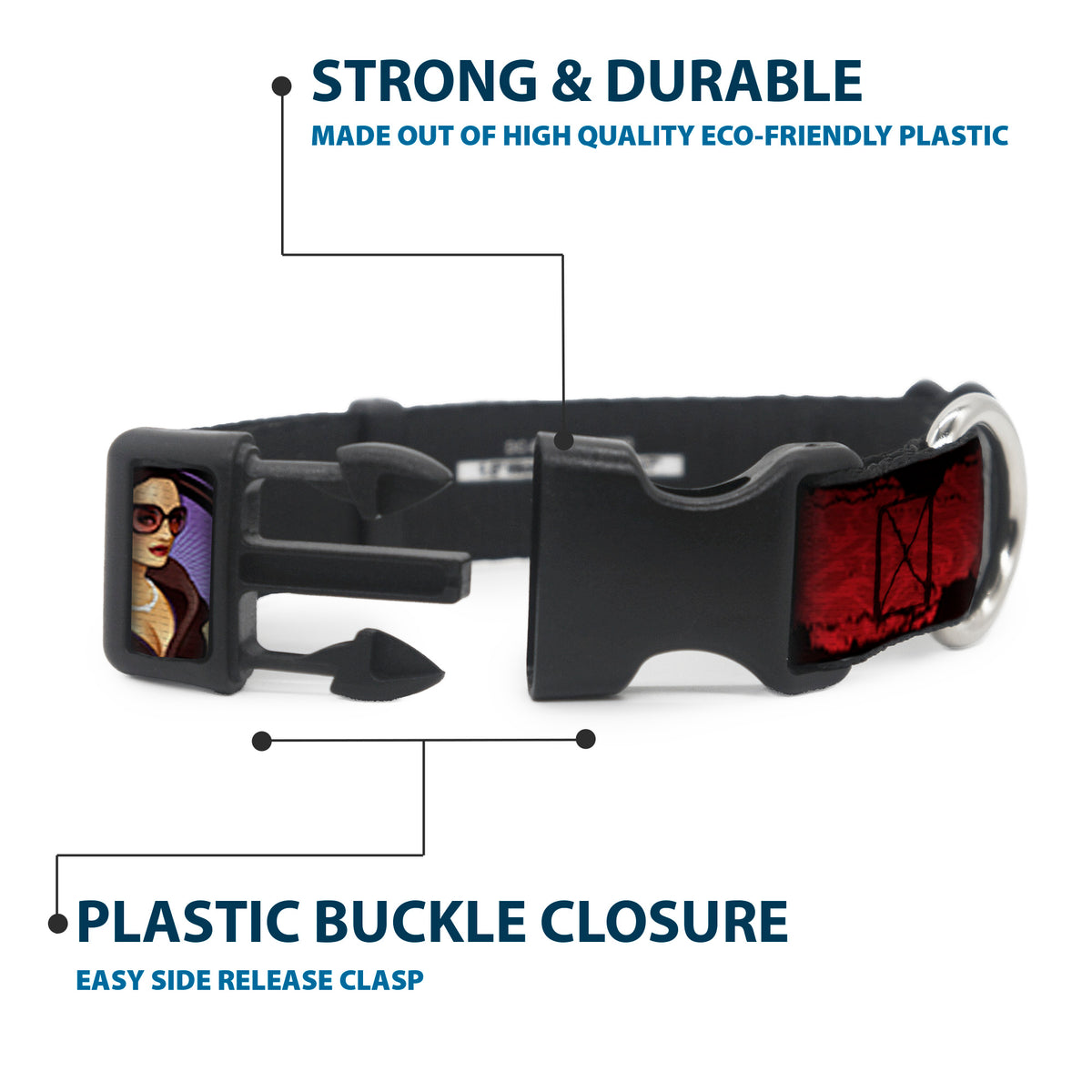 Plastic Clip Collar - CATWOMAN Bombshell Pose/Diamonds Red/Purple/Black Dog Collars Plastic Clip Side Release DC Comics