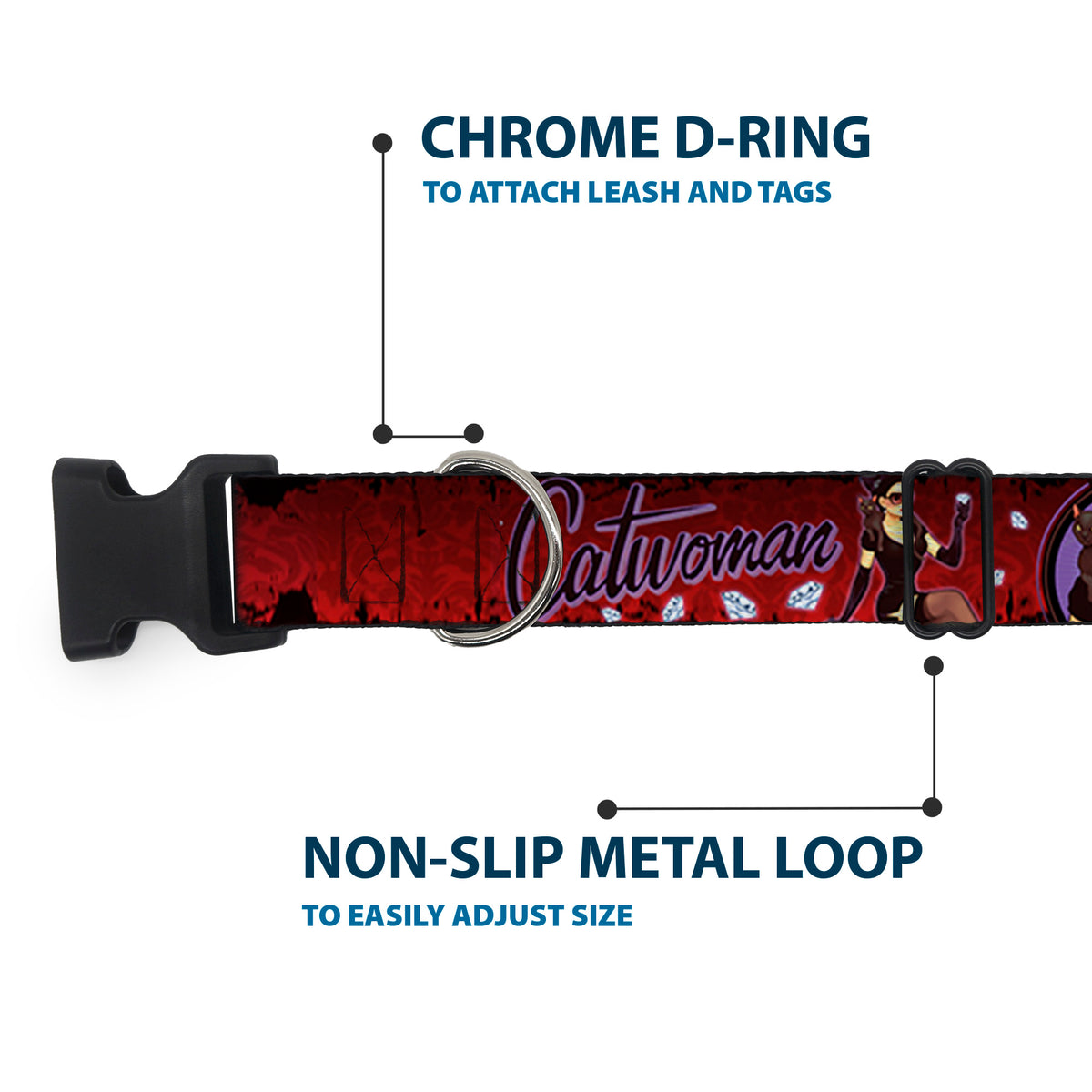 Plastic Clip Collar - CATWOMAN Bombshell Pose/Diamonds Red/Purple/Black Dog Collars Plastic Clip Side Release DC Comics