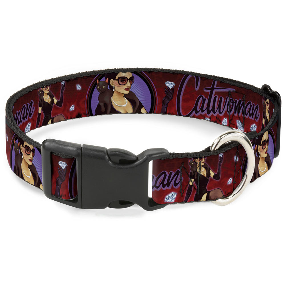 Plastic Clip Collar - CATWOMAN Bombshell Pose/Diamonds Red/Purple/Black Dog Collars Plastic Clip Side Release DC Comics