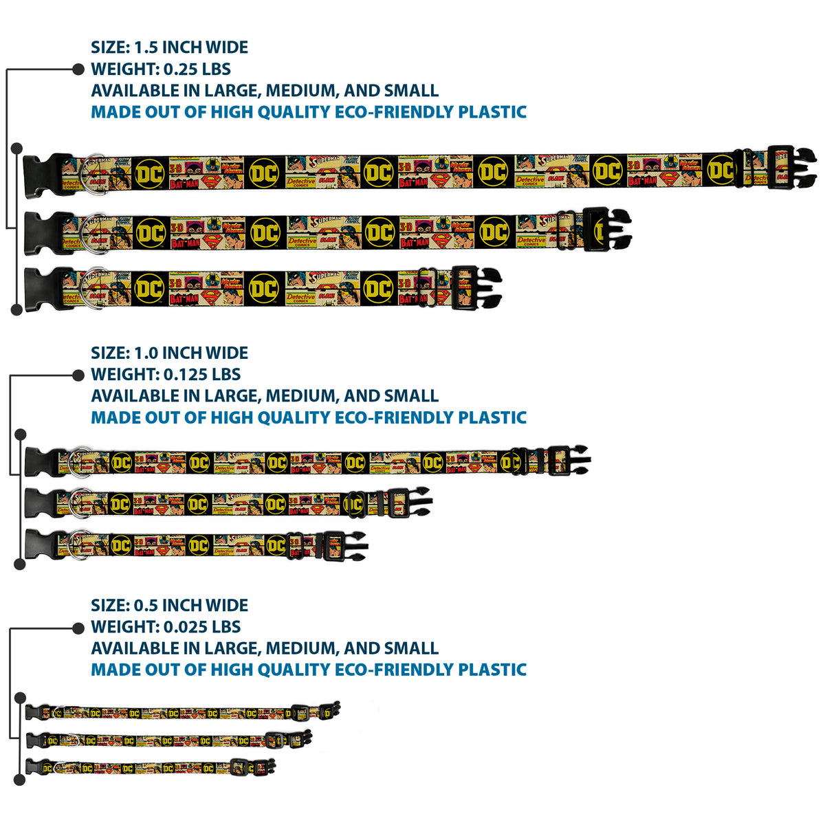 Plastic Clip Collar - Vintage DC Comics Superhero and Logos Collage Black Dog Collars Plastic Clip Side Release DC Comics