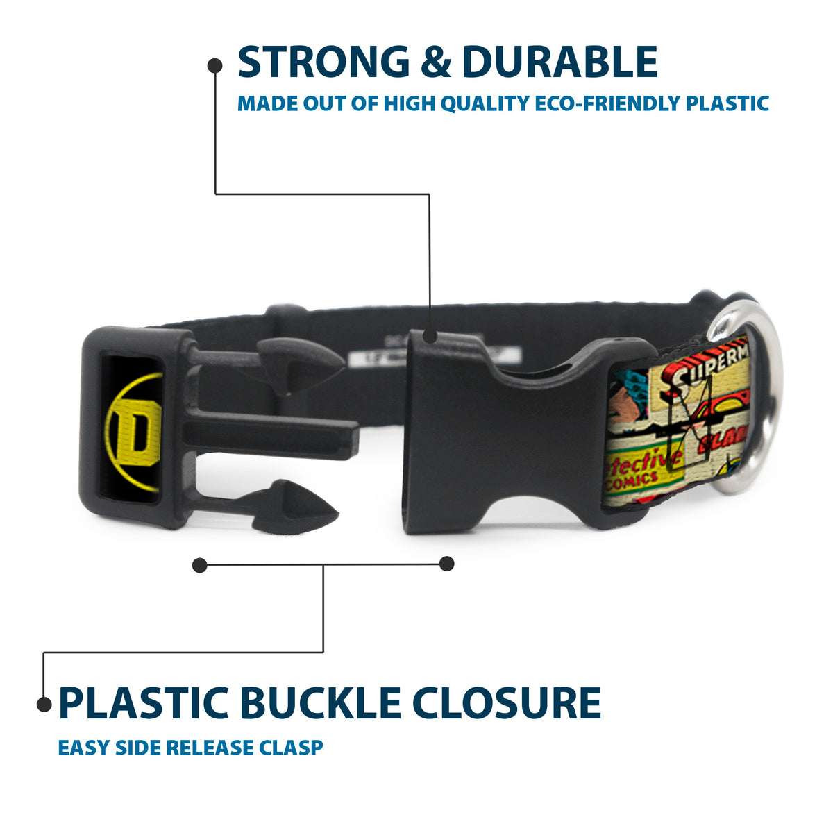 Plastic Clip Collar - Vintage DC Comics Superhero and Logos Collage Black Dog Collars Plastic Clip Side Release DC Comics