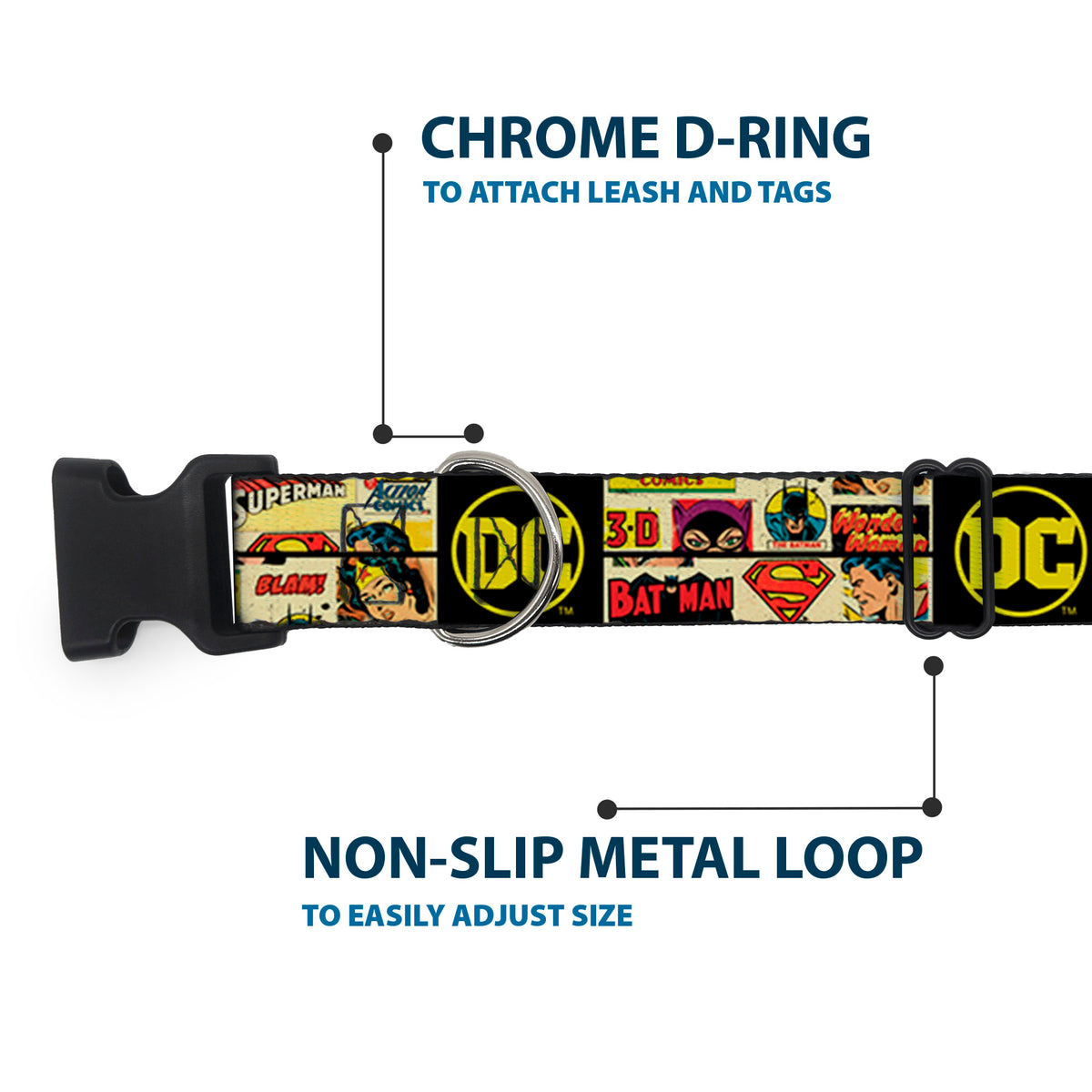Plastic Clip Collar - Vintage DC Comics Superhero and Logos Collage Black Dog Collars Plastic Clip Side Release DC Comics