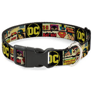 Plastic Clip Collar - Vintage DC Comics Superhero and Logos Collage Black Dog Collars Plastic Clip Side Release DC Comics