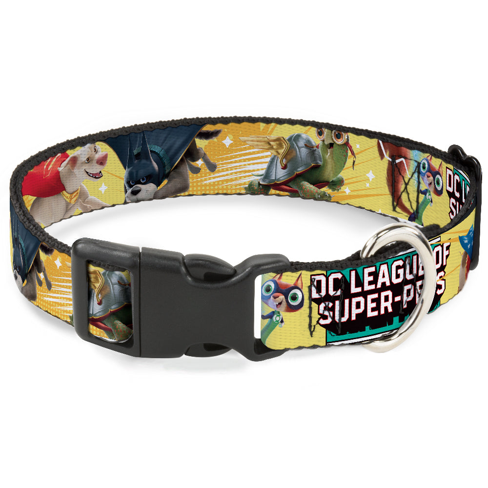 Plastic Clip Collar - DC LEAGUE OF SUPER-PETS 6-Superhero Pet Poses Collage Yellows Dog Collars Plastic Clip Side Release DC Comics