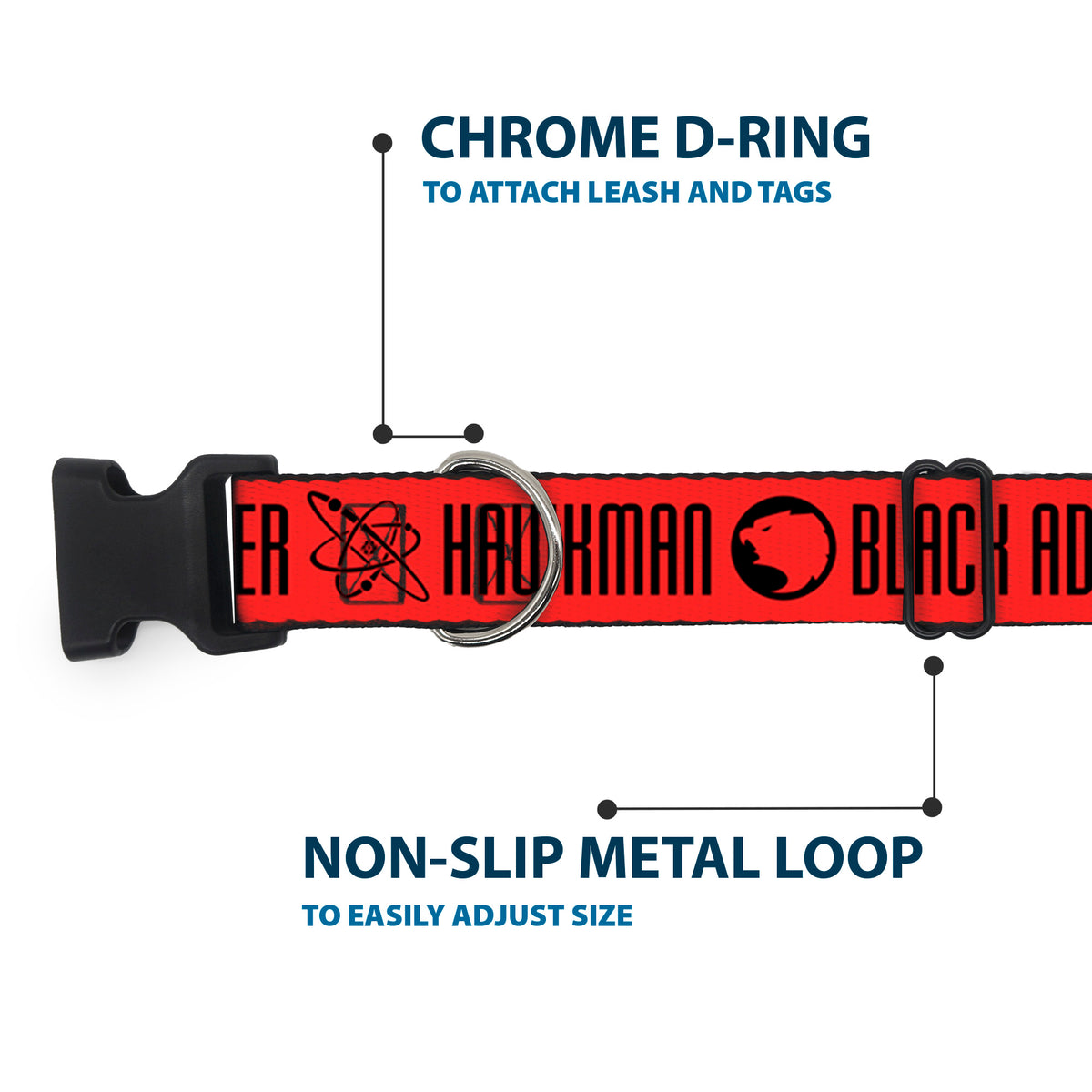 Plastic Clip Collar - Black Adam JUSTICE SOCIETY Icons and Text Red/Black Dog Collars Plastic Clip Side Release DC Comics