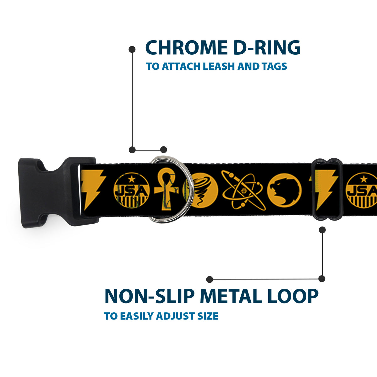 Plastic Clip Collar - Black Adam Justice Society Icons Black/Orange Dog Collars Plastic Clip Side Release DC Comics