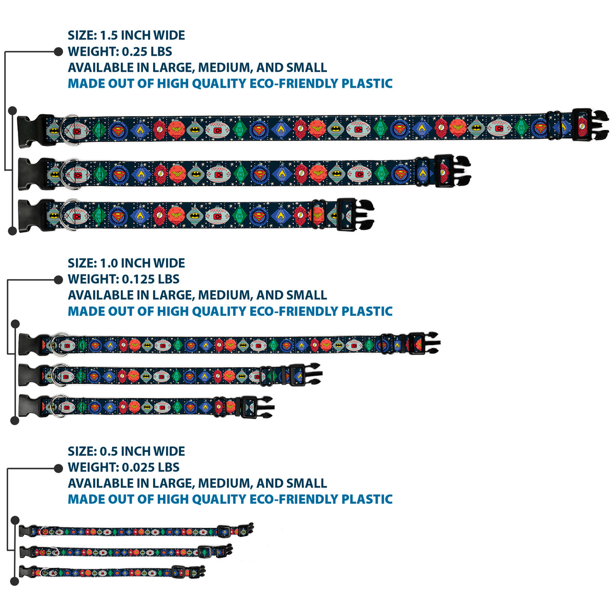 Plastic Clip Collar - DC Comics Justice League Holiday Ornament Icons and Stars Dog Collars Plastic Clip Side Release DC Comics