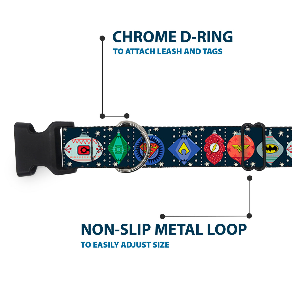 Plastic Clip Collar - DC Comics Justice League Holiday Ornament Icons and Stars Dog Collars Plastic Clip Side Release DC Comics