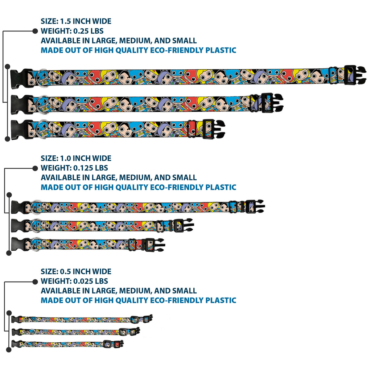 Plastic Clip Collar - DC Mini Group Stacked Black Dog Collars Plastic Clip Side Release DC Comics