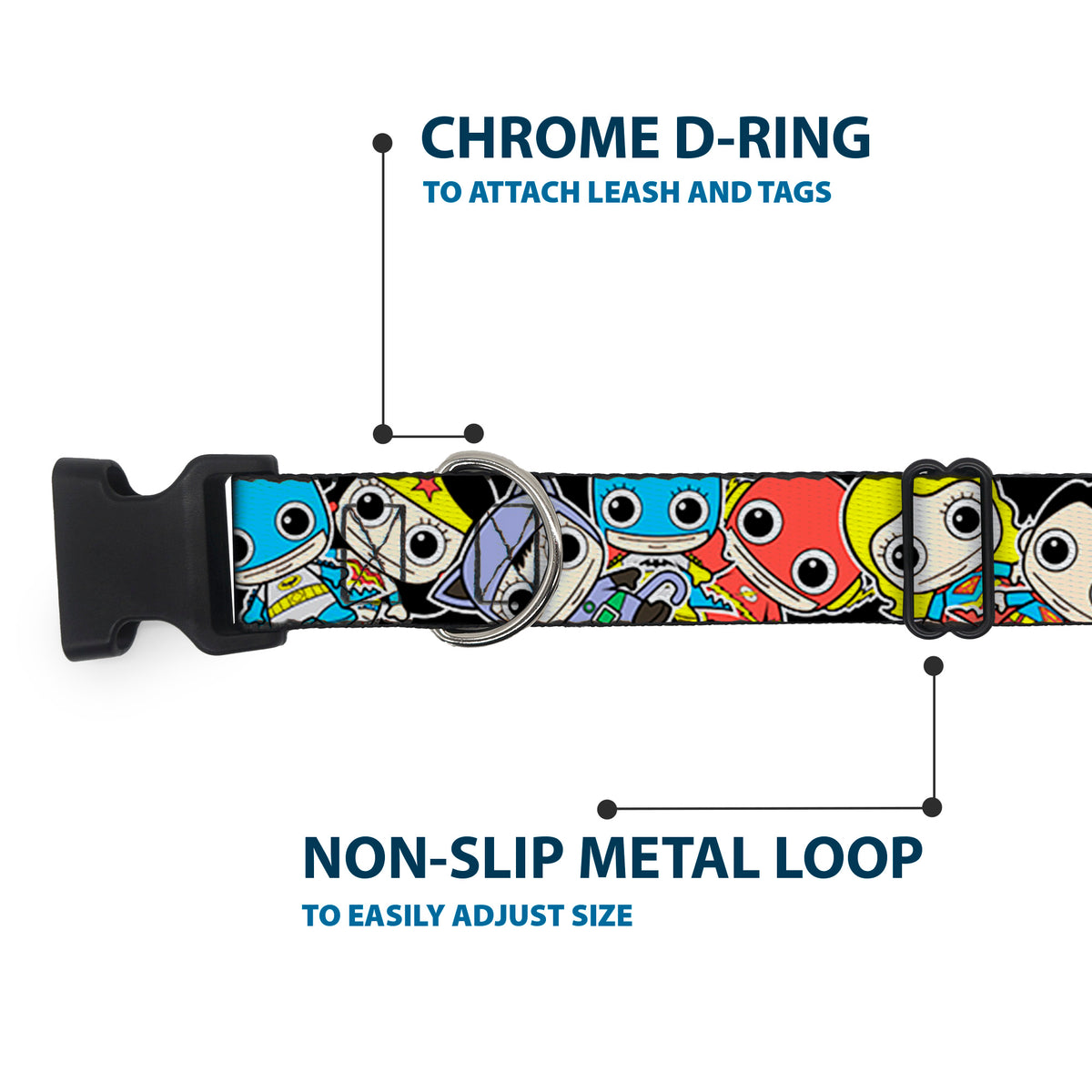 Plastic Clip Collar - DC Mini Group Stacked Black Dog Collars Plastic Clip Side Release DC Comics