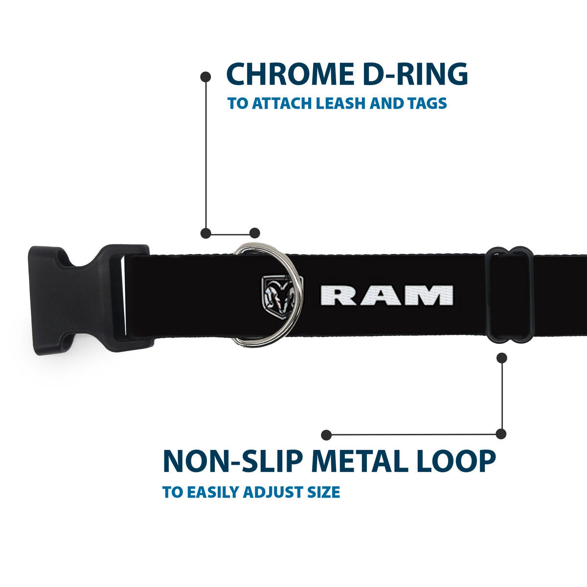 Plastic Clip Collar - RAM Shield Logo/Bold Text Black/White Dog Collars Plastic Clip Side Release Dodge