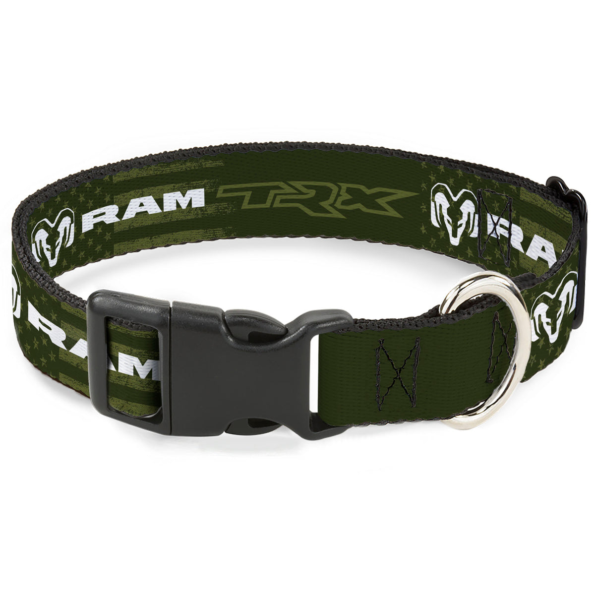 Plastic Clip Collar - RAM TRX Text and Logo Americana Weathered Olive/White Dog Collars Plastic Clip Side Release Ram