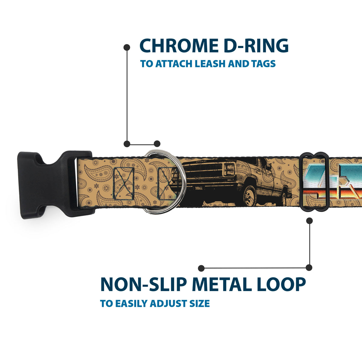 Plastic Clip Collar - Dodge Power Wagon Truck 4x4 Paisley Tan/Black Dog Collars Plastic Clip Side Release Ram