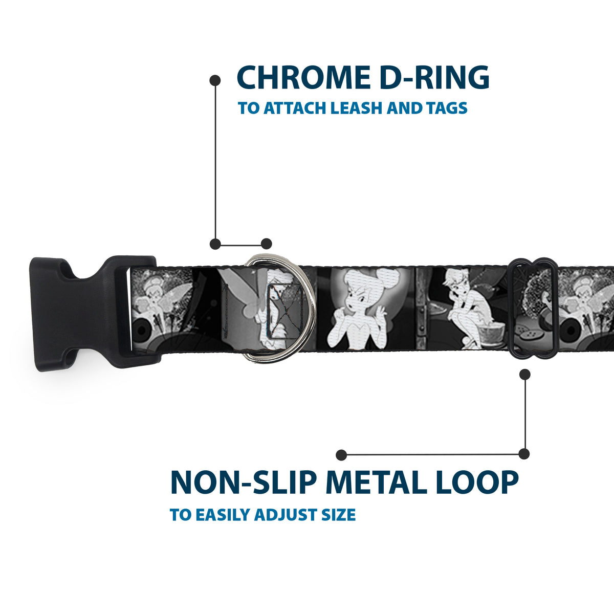 Plastic Clip Collar - Tinker Bell Scenes Black/White Dog Collars Plastic Clip Side Release Disney