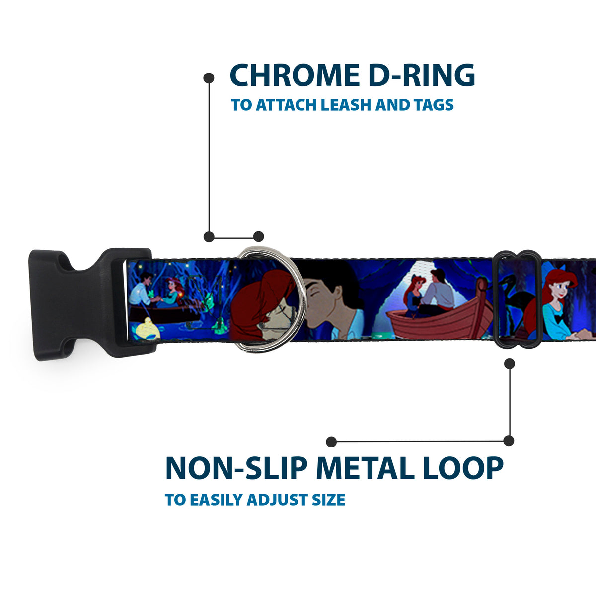 Plastic Clip Collar - The Little Mermaid Ariel & Eric Boat Scenes Dog Collars Plastic Clip Side Release Disney