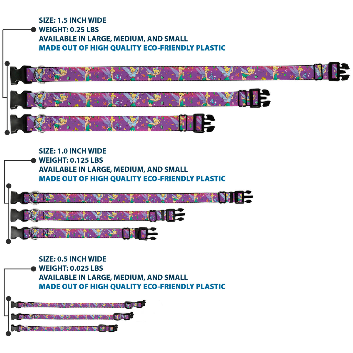 Plastic Clip Collar - Tinker Bell Poses/Flowers/Stars/Skull Purple Dog Collars Plastic Clip Side Release Disney