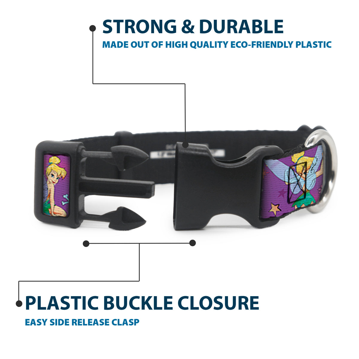 Plastic Clip Collar - Tinker Bell Poses/Flowers/Stars/Skull Purple Dog Collars Plastic Clip Side Release Disney