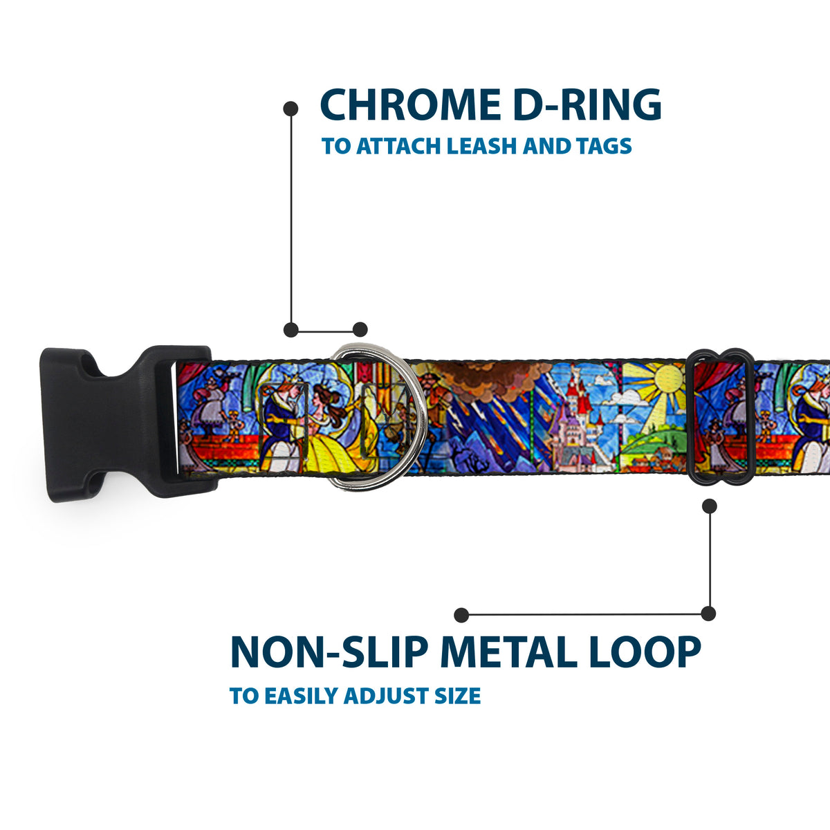 Plastic Clip Collar - Beauty & the Beast Stained Glass Scenes Dog Collars Plastic Clip Side Release Disney