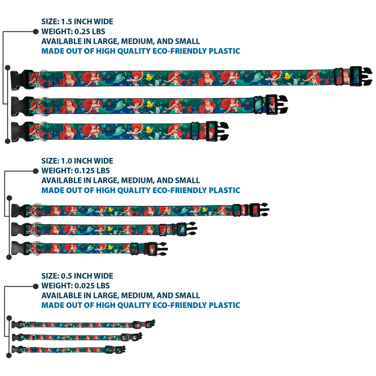 Plastic Clip Collar - Ariel Poses w/Flounder Green/Blue Fade Dog Collars Plastic Clip Side Release Disney