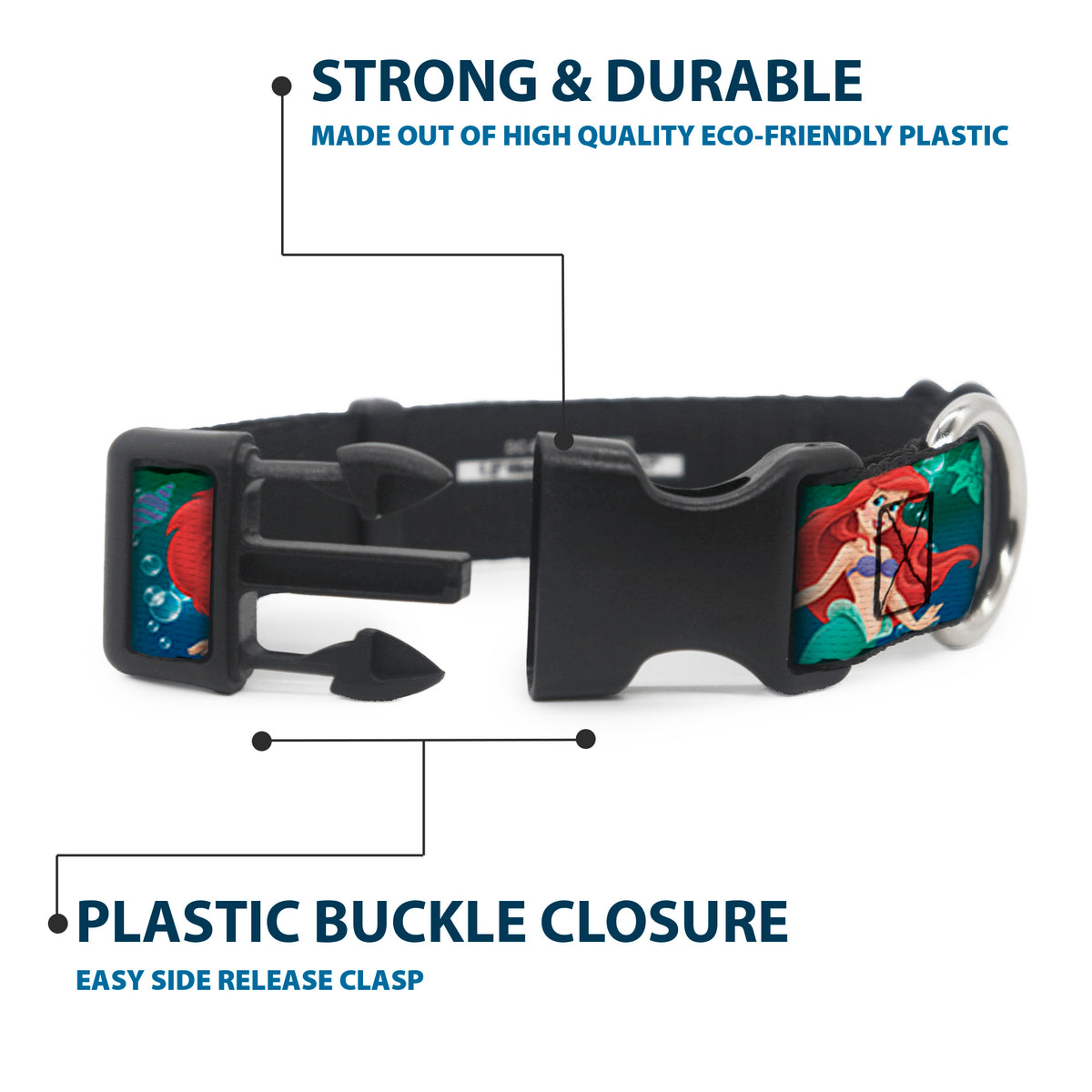 Plastic Clip Collar - Ariel Poses w/Flounder Green/Blue Fade Dog Collars Plastic Clip Side Release Disney