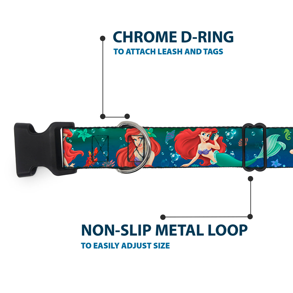 Plastic Clip Collar - Ariel Poses w/Flounder Green/Blue Fade Dog Collars Plastic Clip Side Release Disney