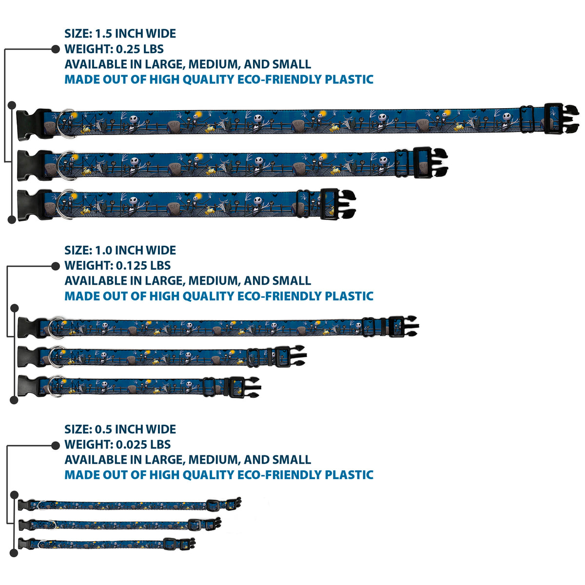 Plastic Clip Collar - Nightmare Before Christmas Jack, Zombie Duck & Zero Cemetery Scene Dog Collars Plastic Clip Side Release Disney