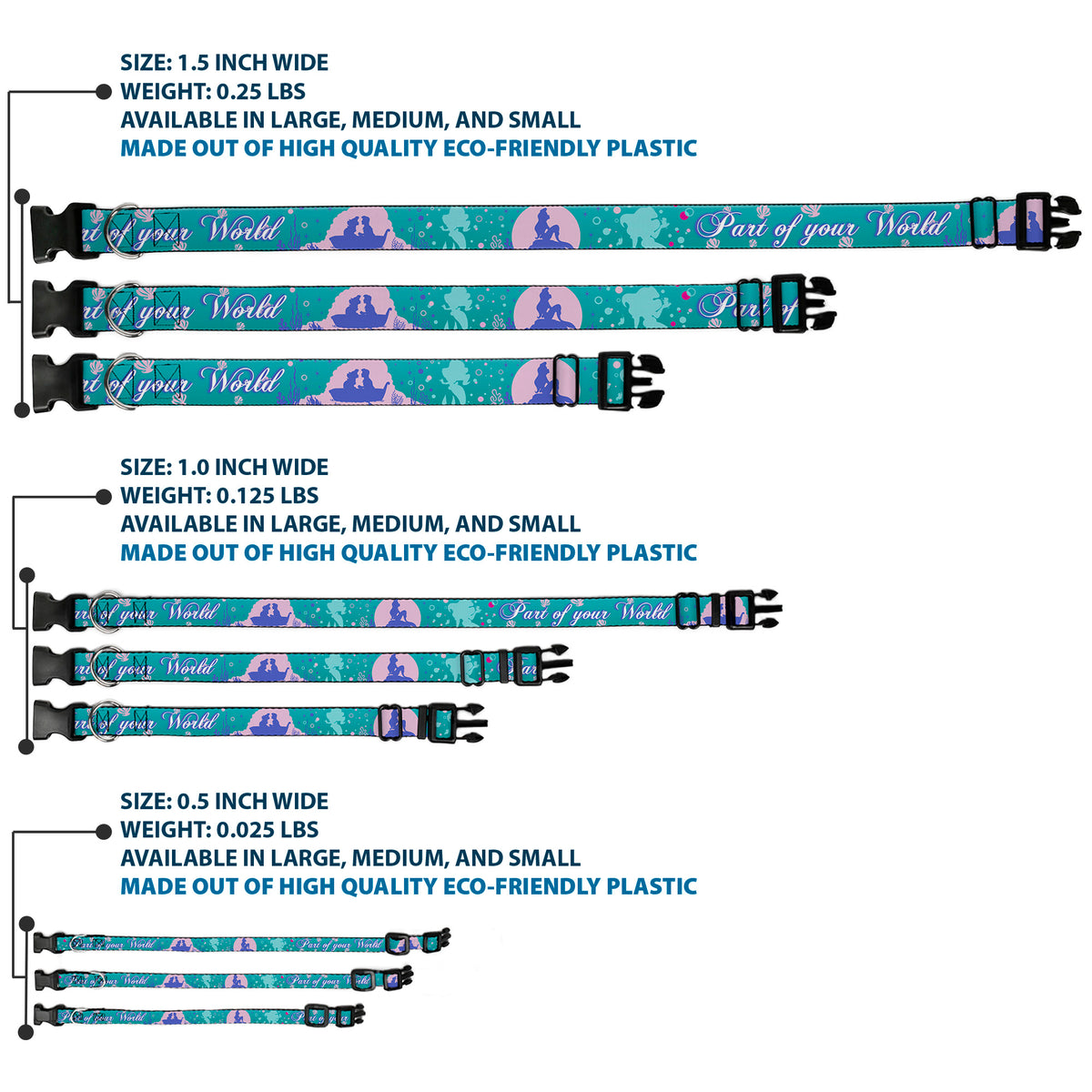 Plastic Clip Collar - Little Mermaid Silhouette Scenes PART OF YOUR WORLD Blues Dog Collars Plastic Clip Side Release Disney