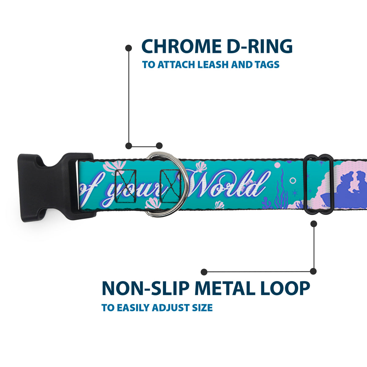 Plastic Clip Collar - Little Mermaid Silhouette Scenes PART OF YOUR WORLD Blues Dog Collars Plastic Clip Side Release Disney