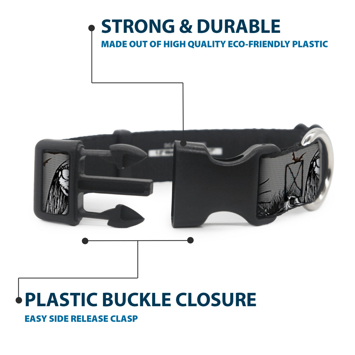 Plastic Clip Collar - NBC Jack & Sally Cemetery Scene Gray/Black/White Dog Collars Plastic Clip Side Release Disney