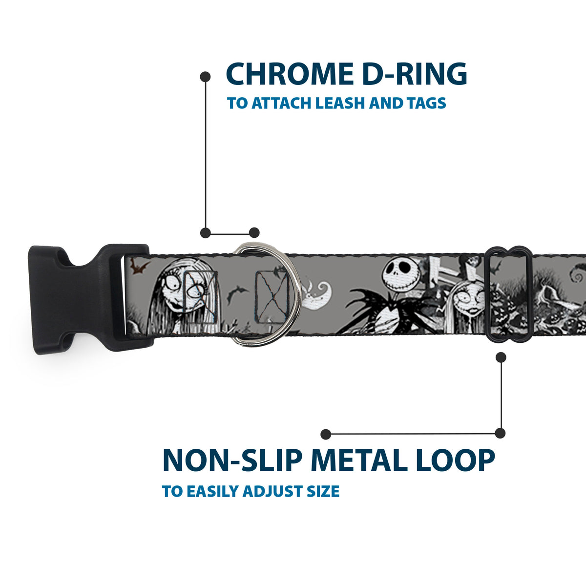 Plastic Clip Collar - NBC Jack & Sally Cemetery Scene Gray/Black/White Dog Collars Plastic Clip Side Release Disney